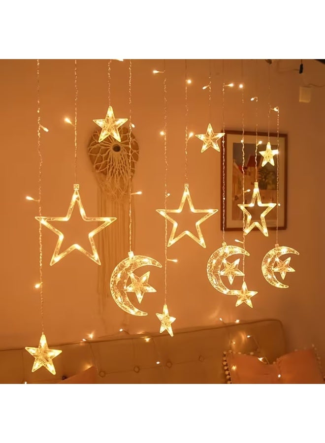 Home Care 10 Hanging Curtain Lights (3 Meter), Assorted design  High & Low Moon Hugging Stars Design, Plug Operated Warm Light, Premium Color Box Packaging - Image 4